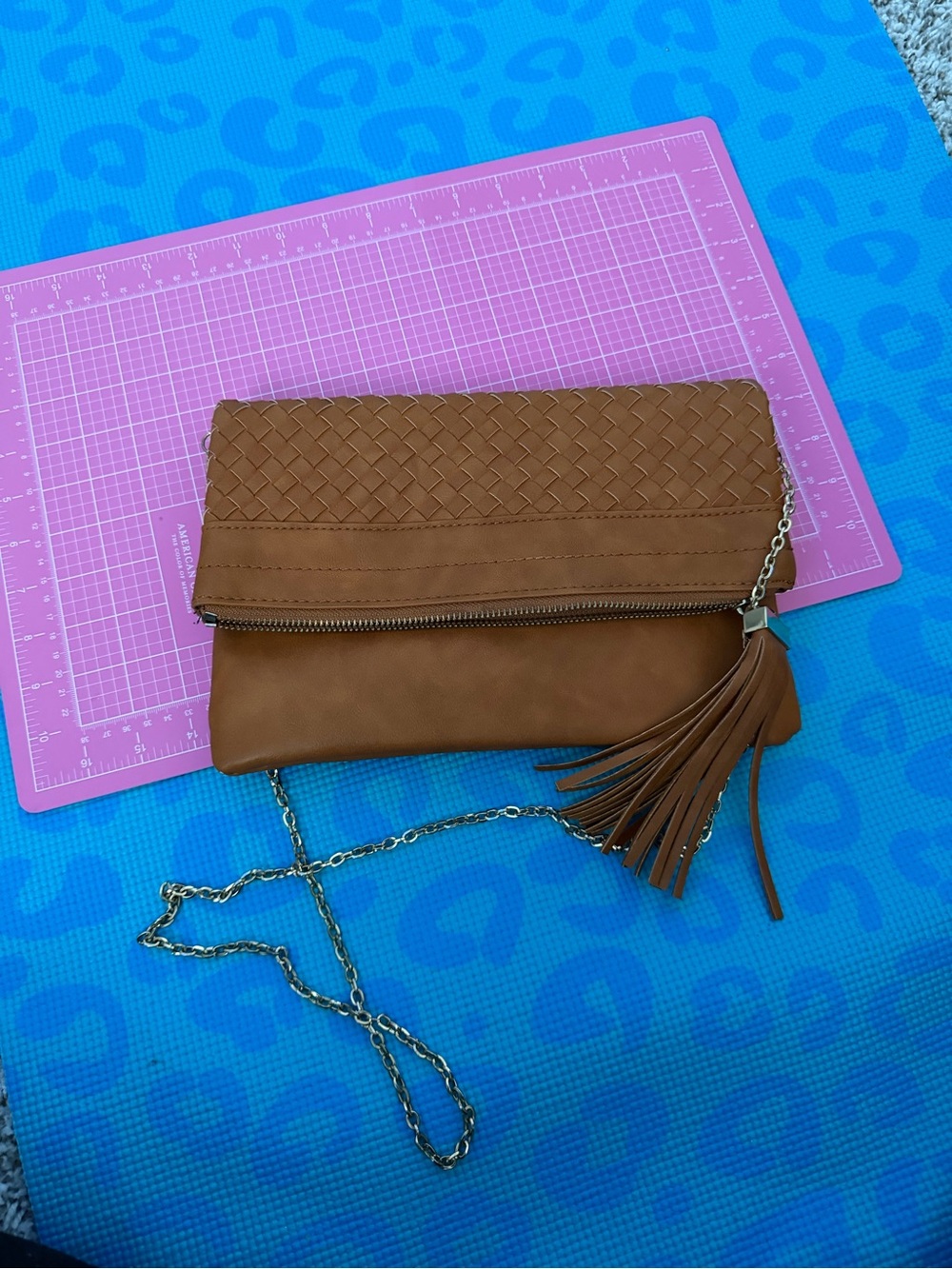 Woven Fold-Over Tassel Crossbody Bag - Brown